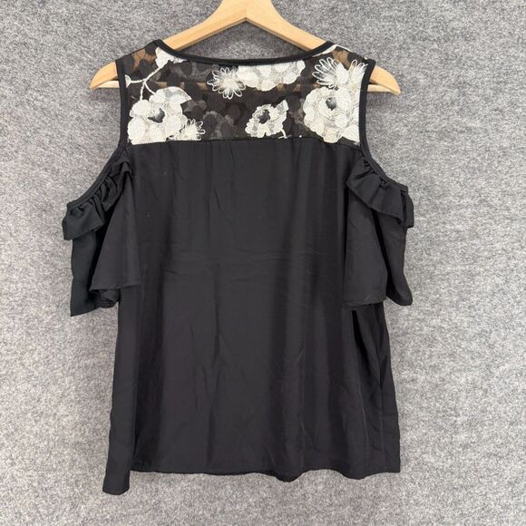 Route 3 Blouse Women L Large Black Floral Cold Shoulder Short Sleeve Wide Strap - Picture 2 of 6